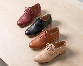 Womens Brogue Oxford Shoes Genuine Leather Lace Up Flats Classic Office Casual Dress Shoes