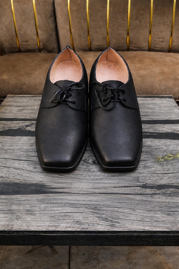 Handmade Black Leather Derby Shoes: Square Toe Lace-Up Dress Oxfords