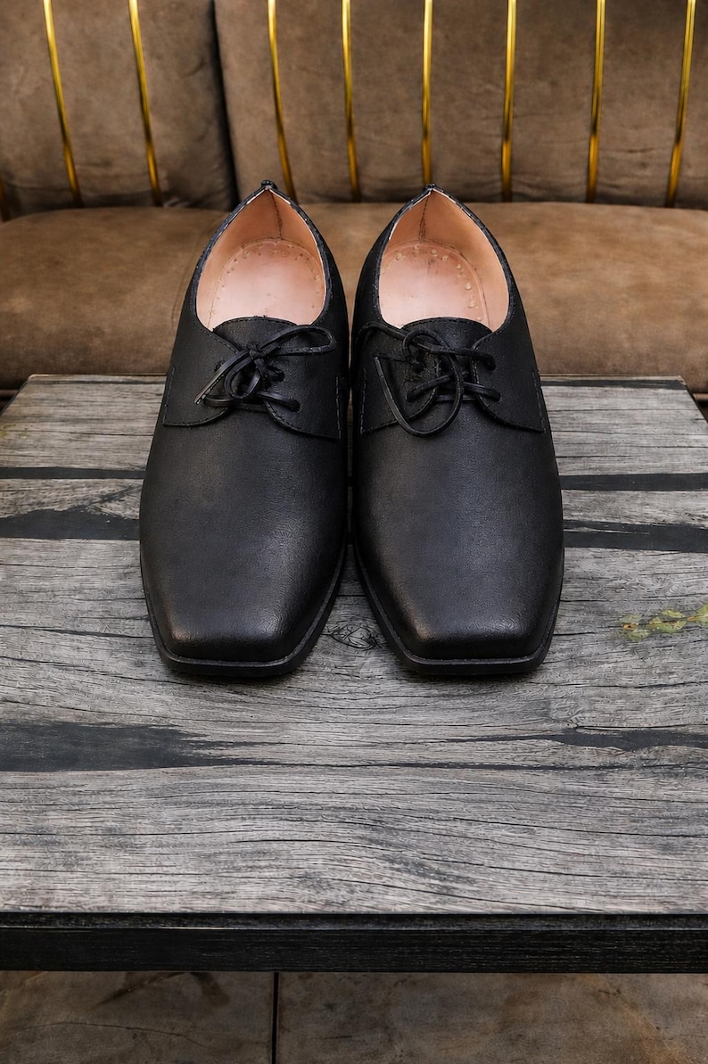 Handgefertigte Schwarze Leder Derby Schuhe: Karree Schnürschuhe Kleid Oxfords Bild 1