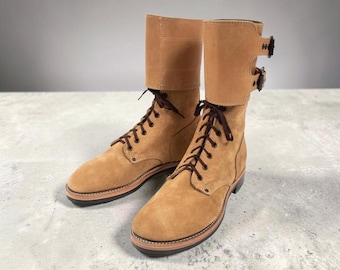 Men's Tan Suede M43 Military Field Boots – Handmade Double Buckle Combat Lace-Up