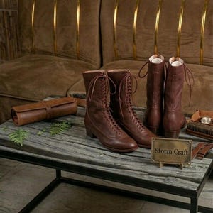 Handmade Brown Leather Victorian Lace-Up Boots – Mid-Calf Custom Footwear image 1