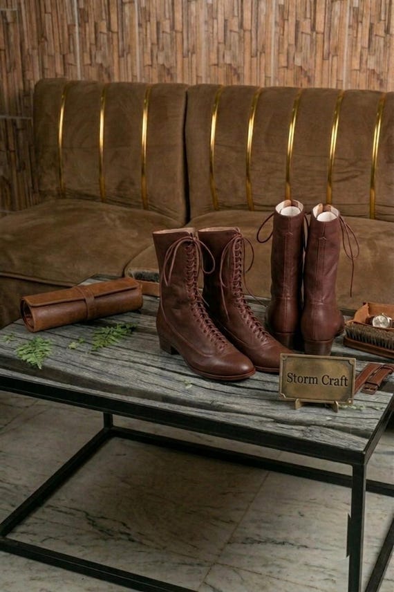 Handmade Brown Leather Victorian Lace-Up Boots – Mid-Calf Custom Footwear