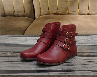 Burgundy Leather Ankle Boots: Handmade Triple Buckle Vintage Style Flat Booties