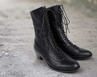 Black Leather Lace-Up Mid-Calf Boots: Handmade Victorian Style, Vintage Inspired Walking Shoes