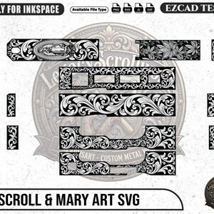 May include: A digital design file set labelled G19 SCROLL & MARY ART SVG featuring black and white intricate scrollwork patterns, floral motifs, and a central religious figure. The layout includes various rectangular and shaped panels for engraving.
