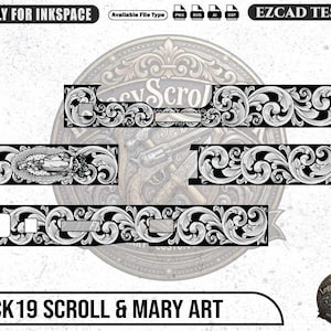 Op de afbeelding: Een digitaal ontwerpbestand voor een Glock 19 met ingewikkelde zwart-witte krulpatronen en een afbeelding van de Maagd Maria. De lay-out bevat meerdere rechthoekige segmenten voor aanpassing, gelabeld met FRIENDLY FOR INKSPACE.