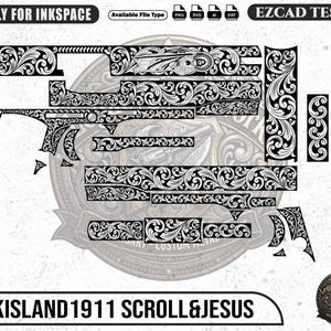 May include: A black and white digital design file for a Rock Island 1911 pistol, featuring intricate scrollwork engravings and a depiction of Jesus. The image includes text labels 'FRIENDLY FOR INKSPACE', 'EZCAD TESTED', and 'ROCKISLAND1911 SCROLL&JESUS'.