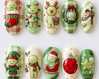 Unghie finte natalizie Smiski / Nail art con simpatici personaggi verdi / Unghie 3D con elfi e ornamenti natalizi / Unghie natalizie Kawaii