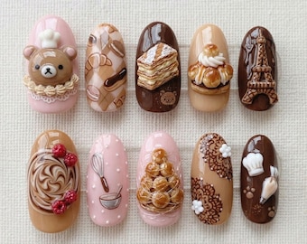 French Bakery Nails Kawaii Press On Nails Cute Bear Nails Pastry Dessert Nails Paris Eiffel Tower Fake Nails 3D Handmade Nails Custom Nails