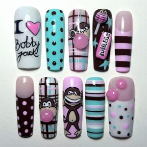 Y2K Press On Nails Bobby Jack Nails Cute Monkey Nails Bubblegum Nails 2000s Retro Nails Cute 3D Handmade Nails Fake Nails Custom Nails