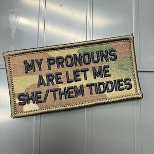 May include: A rectangular embroidered patch featuring a camouflage pattern in shades of tan, brown, and green. The patch has a dark green stitched border and black embroidered text that reads: MY PRONOUNS ARE LET ME SHE/THEM TIDDIES.