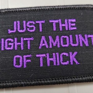 May include: A rectangular black embroidered patch with a thick black stitched border. The patch features the text "JUST THE RIGHT AMOUNT OF THICK" embroidered in a bold, purple sans-serif font centered across three lines on the black fabric.