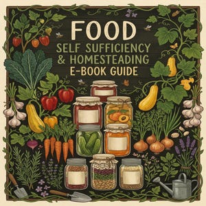 May include: An e-book guide cover titled FOOD SELF SUFFICIENCY & HOMESTEADING E-BOOK GUIDE, featuring illustrations of glass jars filled with preserved food, surrounded by garden vegetables, herbs, and gardening tools on a dark background.