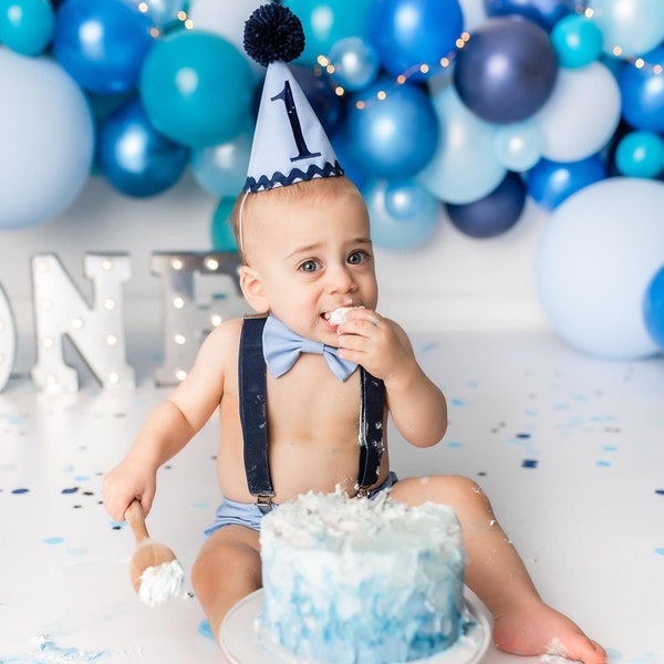 Boys First Birthday Outfit Cake Smash Baby Blue and Navy 1, 2, 3 or 4 Piece Set Diaper Cover Tie Suspenders Party Hat Bow Tie Bloomers