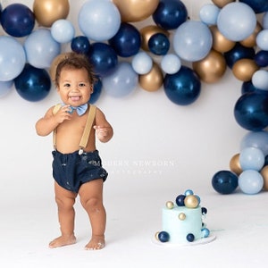 Smash Cake Outfit Boy Birthday Navy Blue Diaper Cover, Light Blue, Metallic Gold Outfit 1, 2, or 3 Piece Set Bow Tie Suspenders Bloomers