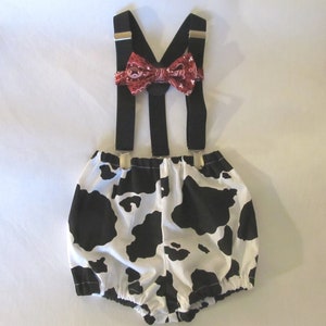 Cake Smash Outfit Boy Girl 1, 2, or 3 piece Cow Print Cake Smash Bloomers Diaper Cover Bandana Bow Tie Suspenders First Birthday 1st