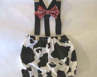 Cake Smash Outfit Boy Girl 1, 2, or 3 piece Cow Print Cake Smash Bloomers Diaper Cover Bandana Bow Tie Suspenders First Birthday 1st