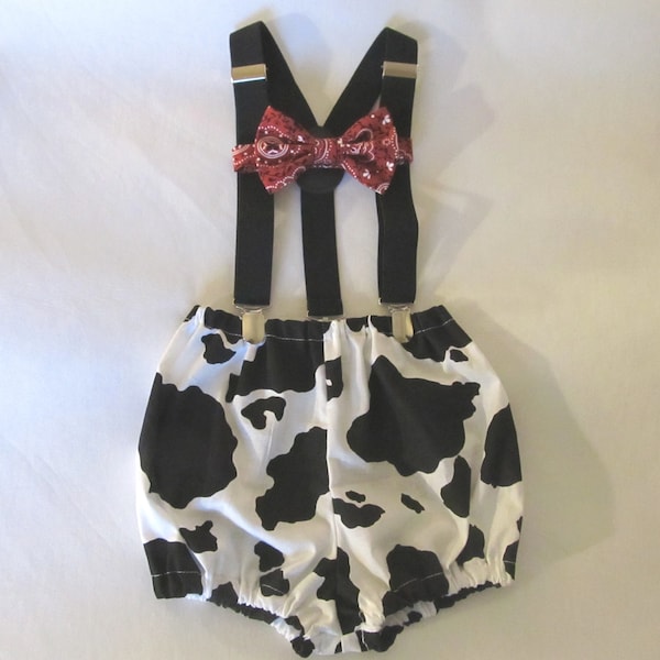 Cake Smash Outfit Boy Girl 1, 2, or 3 piece Cow Print Cake Smash Bloomers Diaper Cover Bandana Bow Tie Suspenders First Birthday 1st