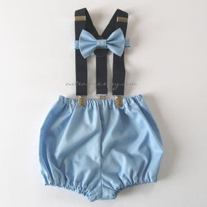 First Birthday Outfit Boy Girl Cake Smash Baby Blue Navy Suspenders Diaper Cover Bow Tie 1, 2, or 3 piece 1st Birthday Photoshoot