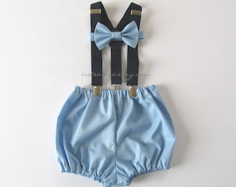 First Birthday Outfit Boy Girl Cake Smash Baby Blue Navy Suspenders Diaper Cover Bow Tie 1, 2, or 3 piece 1st Birthday Photoshoot