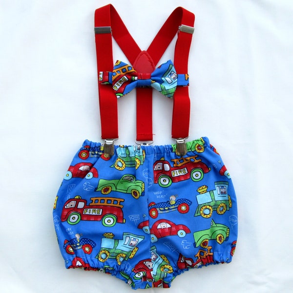 Firetruck Smash Cake Outfit Boy 1, 2, or 3 piece Diaper Cover Bow Tie Suspenders First Birthday 1st Birthday Automobiles Train Photoshoot3