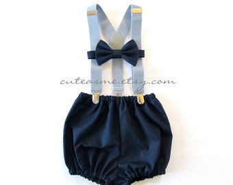 First Birthday Outfit Boy Girl Cake Smash Navy Blue Gray Suspenders Diaper Cover Bow Tie 1, 2, or 3 piece 1st Birthday Photoshoot
