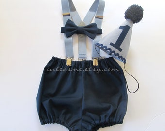 Smash Cake Outfit Boy Birthday Navy Blue and Gray Outfit 1, 2, 3 or 4 Piece Set Diaper Cover Tie Gray Suspenders Party Hat Bow Tie Bloomers