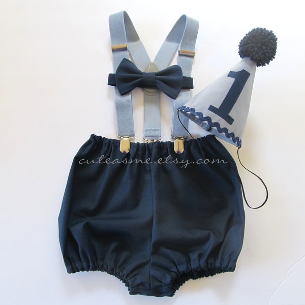 Smash Cake Outfit Boy Birthday Navy Blue and Gray Outfit 1, 2, 3 or 4 Piece Set Diaper Cover Tie Gray Suspenders Party Hat Bow Tie Bloomers