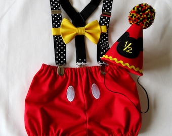 Half Birthday Mickey Outfit Smash Cake | Boy Birthday | 1, 2, 3 or 4 Piece | Diaper Cover | Yellow Bow Tie | Suspenders | Party Hat Bloomers