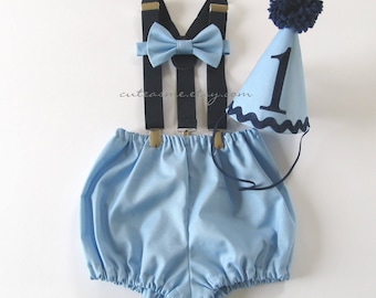 First Birthday Outfit Boy Cake Smash Baby Blue and Navy Outfit 1, 2, 3 or 4 Piece Set Diaper Cover Tie Suspenders Party Hat Bow Tie Bloomers