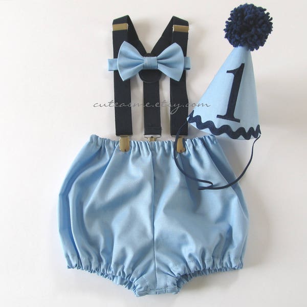 First Birthday Outfit Boy Cake Smash Baby Blue and Navy Outfit 1, 2, 3 or 4 Piece Set Diaper Cover Tie Suspenders Party Hat Bow Tie Bloomers