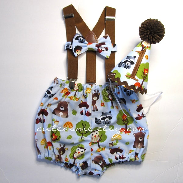 Smash Cake Outfit Boy Woodland Fox Bear Racoon Forest Animals Woods Hedgehog Deer Owl Bird Birthday Diaper Cover Suspenders Hat Bow Tie