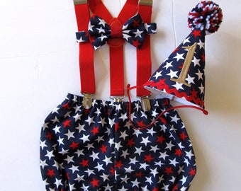 Flag Cake Smash | First Birthday | Flag Diaper Cover | Red White Blue Cake Smash | 4th of July | Stars and Stripes | Bloomers | Bow Tie |Hat