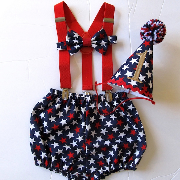 Flag Cake Smash | First Birthday | Flag Diaper Cover | Red White Blue Cake Smash | 4th of July | Stars and Stripes | Bloomers | Bow Tie |Hat