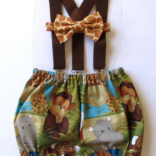 Wild One Smash Cake Jungle Safari Outfit Boy Birthday Diaper Cover Bloomers Bow Tie Suspenders Safari Photoshoot Outfit 1, 2, or 3 Piece