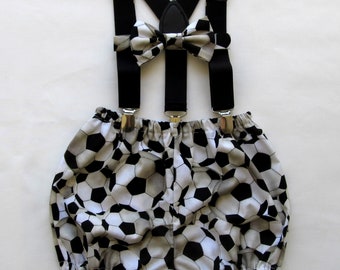 Soccer Cake Smash | Soccer First Birthday | Sports Cake Smash | Soccer Diaper Cover | Black Suspenders | Bloomers | Bow Tie | Soccer bloomer