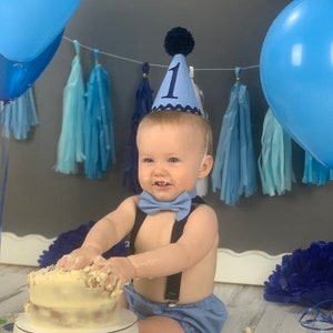 Smash Cake Outfit Boy Birthday Baby Blue and Navy Outfit 1, 2, 3 or 4 Piece Set Diaper Cover Tie Suspenders Party Hat Bow Tie Bloomers