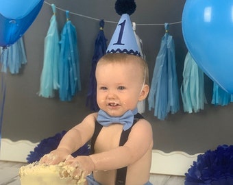 Smash Cake Outfit Boy Birthday Baby Blue and Navy Outfit 1, 2, 3 or 4 Piece Set Diaper Cover Tie Suspenders Party Hat Bow Tie Bloomers