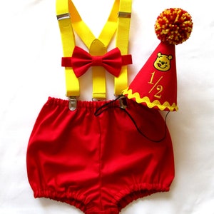 Smash Cake Outfit | Half Birthday | Winnie Pooh Bear Outfit 1, 2, 3 or 4 Piece  Diaper Cover Bow Tie Yellow Suspenders Party Hat Bloomers