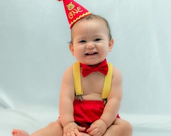 Pooh Bear First Birthday Outfit | Party Hat | Cake Smash | Winnie | Red Bloomers Diaper Cover Bow Tie Yellow Suspenders