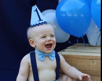 First Birthday Outfit Boy Cake Smash Baby Blue and Navy Outfit 1, 2, 3 or 4 Piece Set Diaper Cover Tie Suspenders Party Hat Bow Tie Bloomers