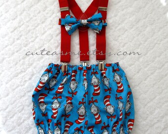 Cake Smash Outfit Boy Girl 1, 2, or 3 piece Diaper Cover Bow Tie Suspenders First Birthday 1st Birthday Cat in the Hat Dr. Seuss Photoshoot1