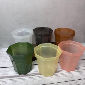 May include: A collection of six small, octagonal plastic plant pots in various translucent colors including white, dark gray, brown, olive green, pale yellow, and soft pink, each featuring a simple, functional design for small indoor plants.