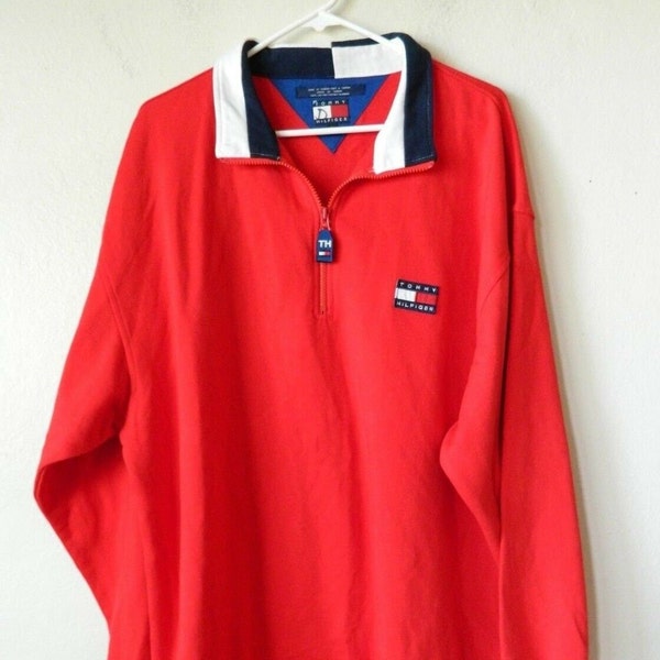 Vtg 90s Tommy Hilfiger Polo Rugby Shirt Men's Size Large Red White Blue Flag Logo Long Sleeve Deadstock NOS NWT