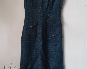 1950s Blue Tweed Wiggle Dress, Sleeveless Sheath Boatneck, Retro Cocktail (Size XS-S)