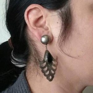 Sterling Silver statement Chandelier earrings with Black Onyx 2 1/2&quot; Dangle Boho Tribal Ethnic