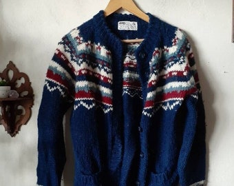 Nordic Fair Isle Viking Icelandic Button Up Wool Cardigan vintage sweater Navy Blue Chunky Knit Women's Size Medium