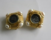 Erwin Pearl Earrings Clip-on Holiday Statement Designer Signed Chunky Gold-tone Pearl Roman Replica Coin 80s Jewely