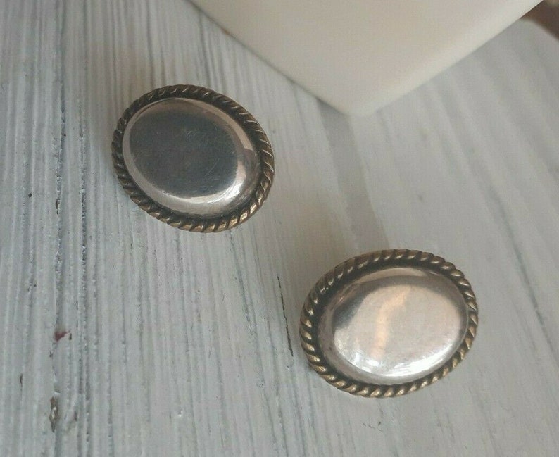 Vtg 70/'s Taxco Mexico 925 Sterling Mexican Silver wBraided Brass Rope trim Oval Stud Minimalist Earrings Ethnic
