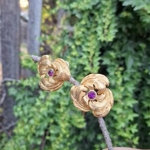 Vintage Daniel de Fasson Clip On Earrings, 1980s Gold Tone Purple Rhinestone Statement Earring, Signed Designer Runway Couture Jewelry